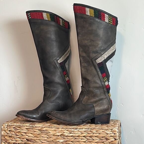 Free-bird Aztec Grey Leather Boho Colorful Wool Highlights Tall Boots 7 - Picture 1 of 13